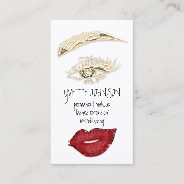 Brows Makeup QRCode Logo Red Lips Gold Eyelash Business Card (Front)