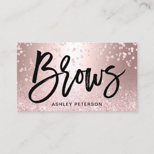 Brows rose gold glitter metallic sparkle confetti business card (Front)