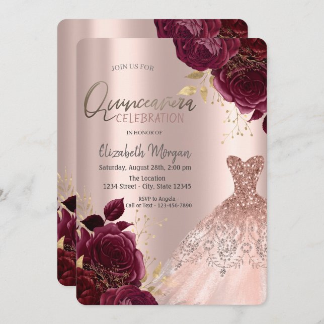 Brrgundy Flowers Rose Gold Dress Quinceañera  Invitation (Front/Back)