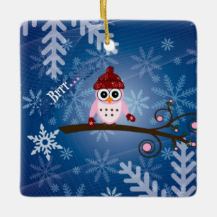Brrr...Pink Owl, Snowflake Design Ceramic Ornament