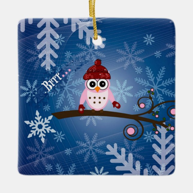 Brrr...Pink Owl, Snowflake Design Ceramic Ornament (Front)
