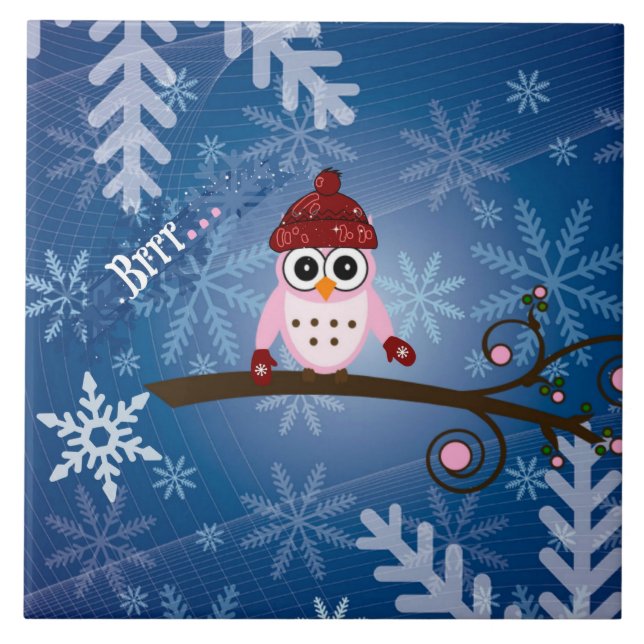 Brrr...Pink Owl, Snowflake Design, Ceramic Tile (Front)