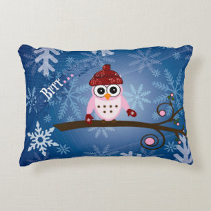 Brrr...Pink Owl, Snowflake Design Decorative Cushion