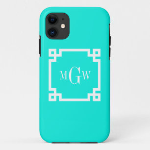 Brt Aqua Wht Greek Key #2 Framed 3 Init Monogram iPhone 11 Case