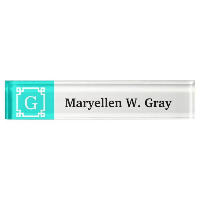 Brt Aqua Wht Greek Key #2 Framed Initial Monogram Nameplate (Front)