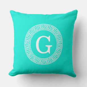 Brt Aqua Wht Greek Key Rnd Frame Initial Monogram Cushion