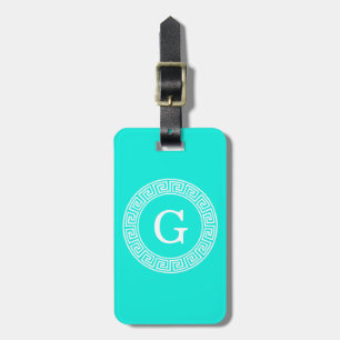 Brt Aqua Wht Greek Key Rnd Frame Initial Monogram Luggage Tag