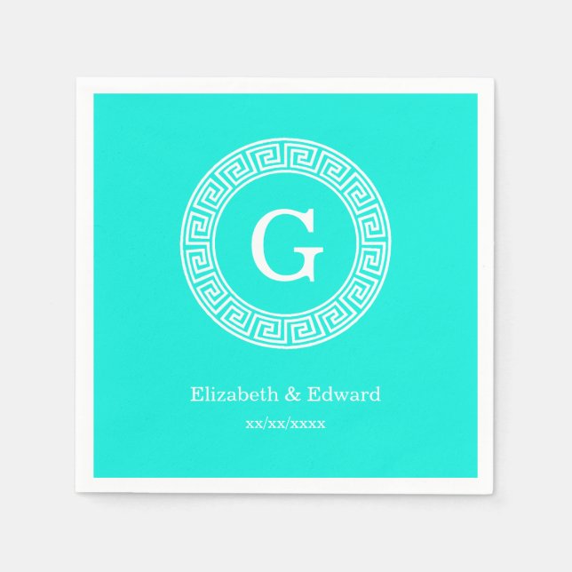 Brt Aqua Wht Greek Key Rnd Frame Initial Monogram Napkin (Front)