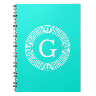 Brt Aqua Wht Greek Key Rnd Frame Initial Monogram Notebook