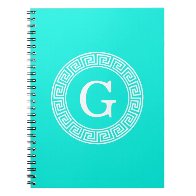 Brt Aqua Wht Greek Key Rnd Frame Initial Monogram Notebook (Front)