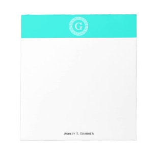 Brt Aqua Wht Greek Key Rnd Frame Initial Monogram Notepad