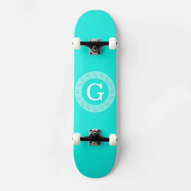 Brt Aqua Wht Greek Key Rnd Frame Initial Monogram Skateboard (Front)