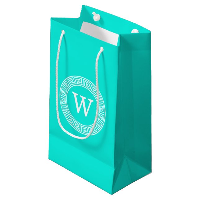 Brt Aqua Wht Greek Key Rnd Frame Initial Monogram Small Gift Bag (Front Angled)