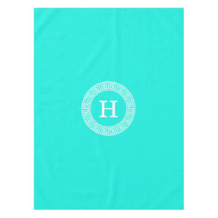 Brt Aqua Wht Greek Key Rnd Frame Initial Monogram Tablecloth