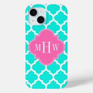 Brt Aqua Wht Moroccan #5 HotPink2 Initial Monogram iPhone 15 Case