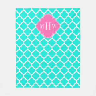 Brt Aqua Wht Moroccan #5 HotPink2 Initial Monogram Fleece Blanket