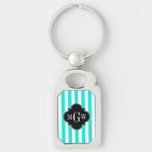 Brt Aqua Wht Stripe Black Quatrefoil 3 Monogram Key Ring