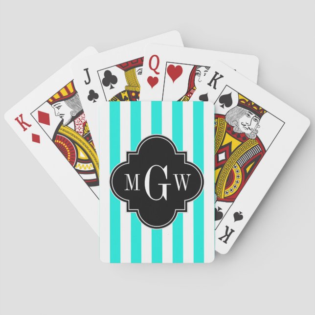 Brt Aqua Wht Stripe Black Quatrefoil 3 Monogram Playing Cards (Back)