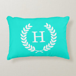 Brt Aqua Wht Wheat Laurel Wreath Initial Monogram Decorative Cushion