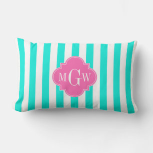 Brt Aqua Wt Stripe HotPink#2 Quatrefoil 3 Monogram Lumbar Cushion