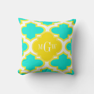 Brt Aqua Yellow Wht Quatrefoil 3 Initial Monogram Cushion