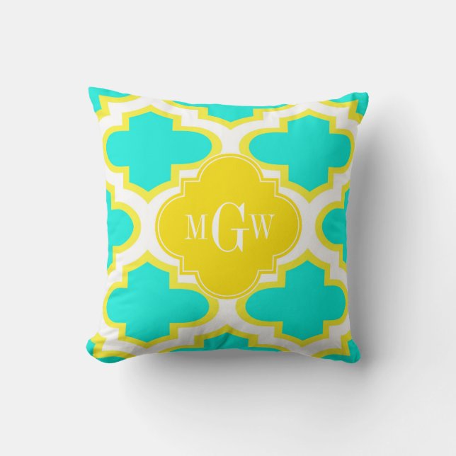 Brt Aqua Yellow Wht Quatrefoil 3 Initial Monogram Cushion (Front)