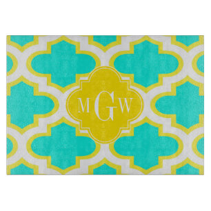 Brt Aqua Yellow Wht Quatrefoil 3 Initial Monogram Cutting Board