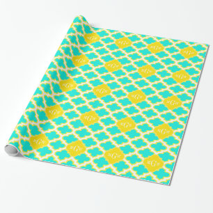 Brt Aqua Yellow Wht Quatrefoil 3 Initial Monogram Wrapping Paper