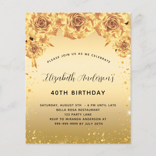 Brthday party gold roses floral budget invitation flyer (Front)