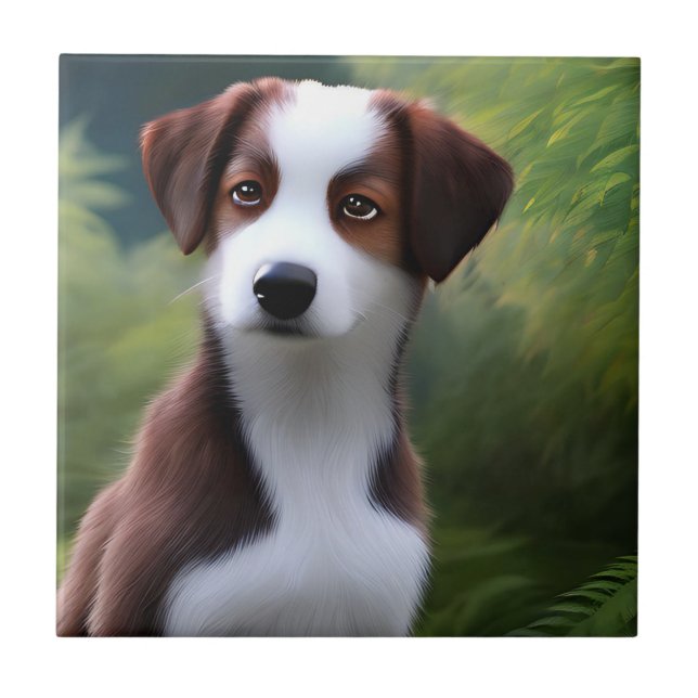 Bruce The Border Collie Puppy, Ceramic Tile (Front)