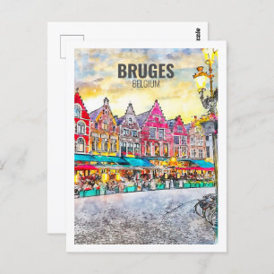 Bruges Belgium Famous Travel Watercolor Sketch Postcard