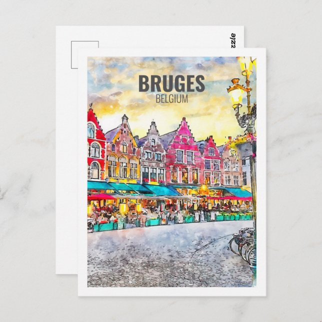 Bruges Belgium Famous Travel Watercolor Sketch Postcard (Front/Back)