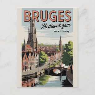 Bruges Belgium Retro Skyline Cityscape Travel Postcard