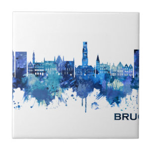 Bruges Belgium Skyline Blue Ceramic Tile