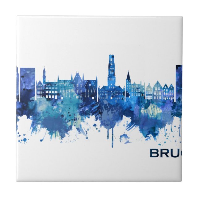 Bruges Belgium Skyline Blue Ceramic Tile (Front)