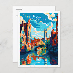 Bruges Belgium vintage travel illustration Postcard