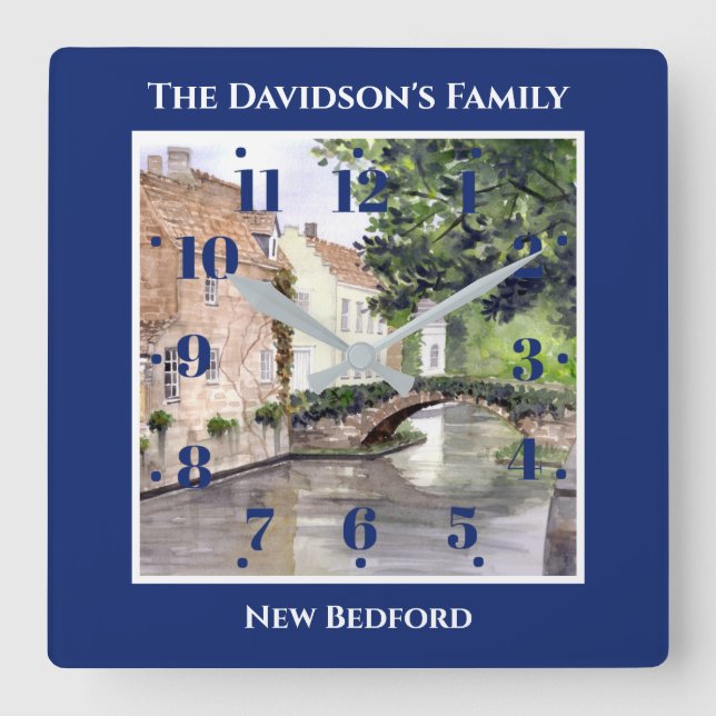 Bruges Belgium Watercolor Blue Square Frame Wall Clock (Front)