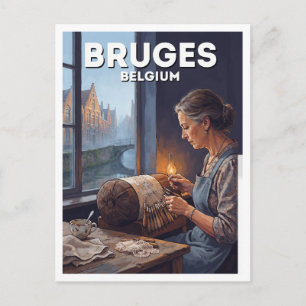 Bruges Canal Lace Maker at Dawn Belgium Postcard