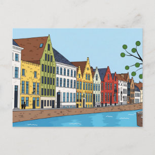 Bruges canal side houses view postcard