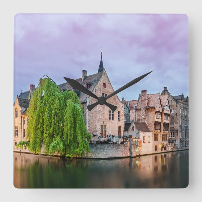 Bruges old town and Belfry tower Square Wall Clock (Front)
