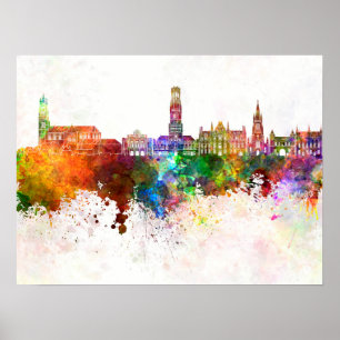 Bruges skyline in watercolor background poster