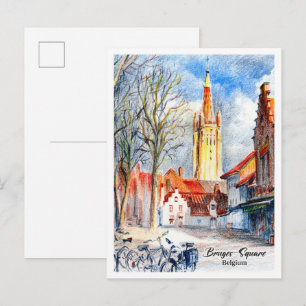 Bruges Square Belgium Coloured Pencils Postcard