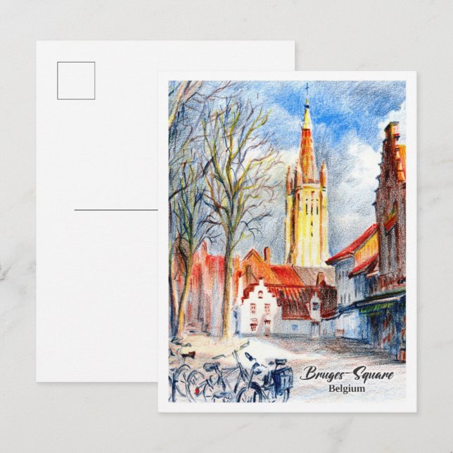 Bruges Square Belgium Coloured Pencils Postcard (Front/Back)