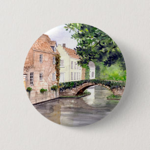 Bruges Watercolor Painting by Farida Greenfield 6 Cm Round Badge