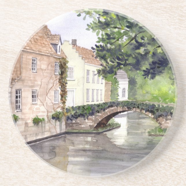Bruges Watercolor Painting by Farida Greenfield Coaster (Front)