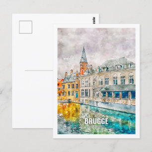 Brugge Belgium Famous Travel Place Watercolor Postcard