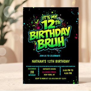 Bruh 12th Birthday Boy Neon Modern Invitation