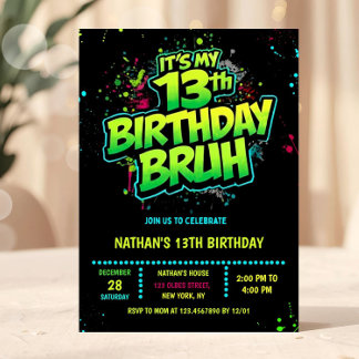 Bruh 13th Birthday Boy Neon Modern Invitation