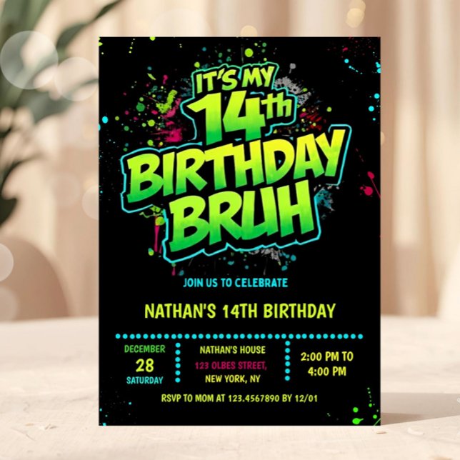Bruh 14th Birthday Boy Neon Modern Invitation (Bruh, You In? Neon Arcade Video Games Boy Birthday Invitation)