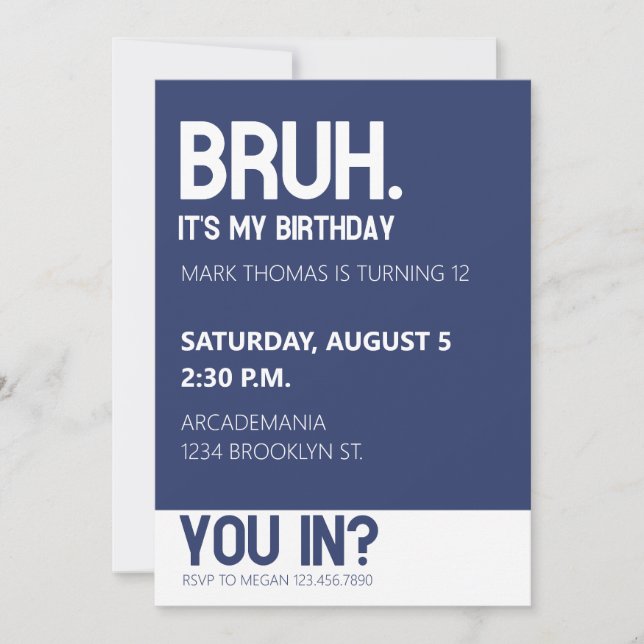 BRUH BIRTHDAY PARTY TEEN BOY BLUE Minimalist Invitation (Front)
